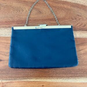 Vintage Elegant Black- Blue Leather Clutch with Chain